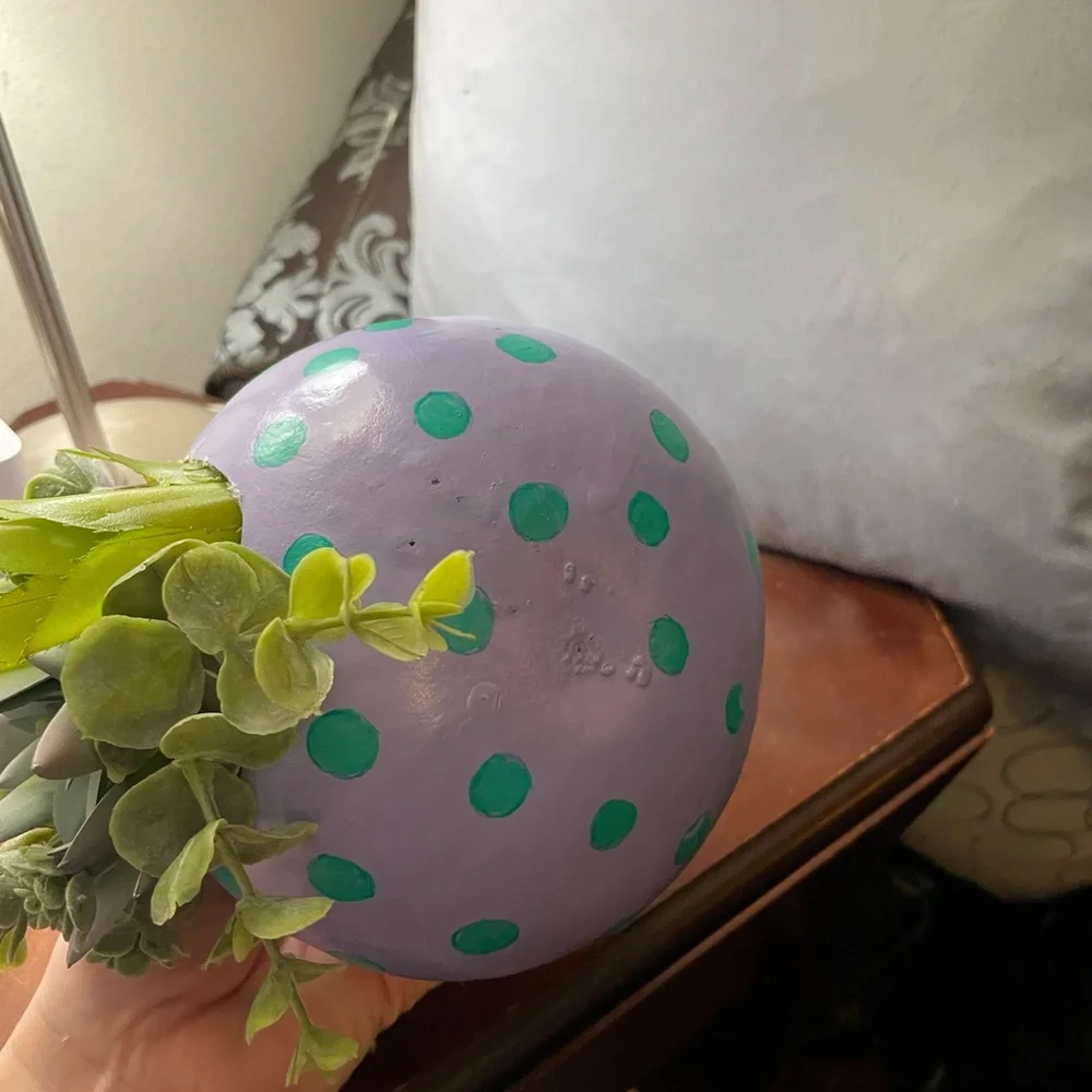 Hand crafted painted dried gourd planter purple aqua blue dots faux succulents - Picture 13 of 16